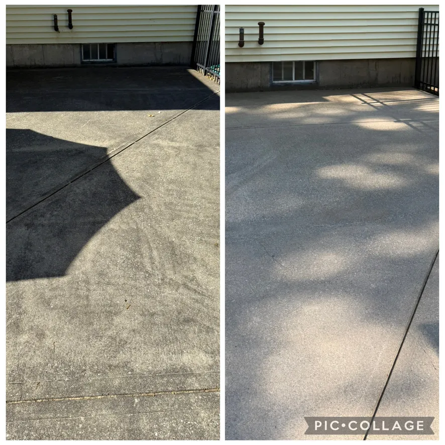 Before and after of a concrete driveway cleaning by MJK Solutions in Dutchess County, NY
