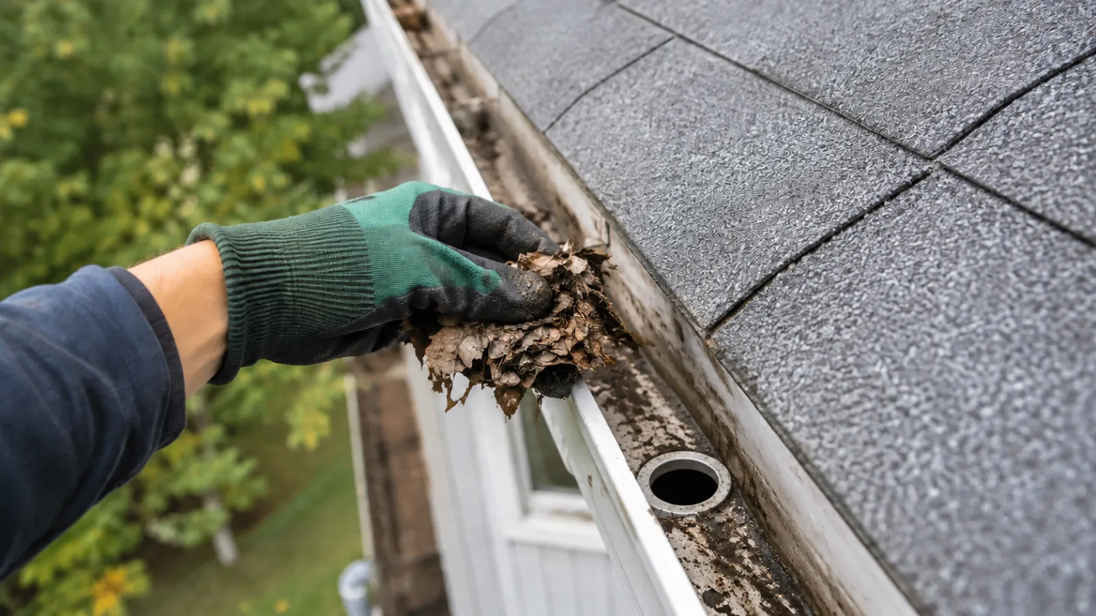 Clearing wet leaf debris from a clogged downspout opening during gutter and downspout cleaning in the Hudson Valley NY