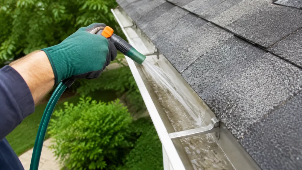 Rinsing a cleared gutter run after gutter cleaning at a Dutchess County home