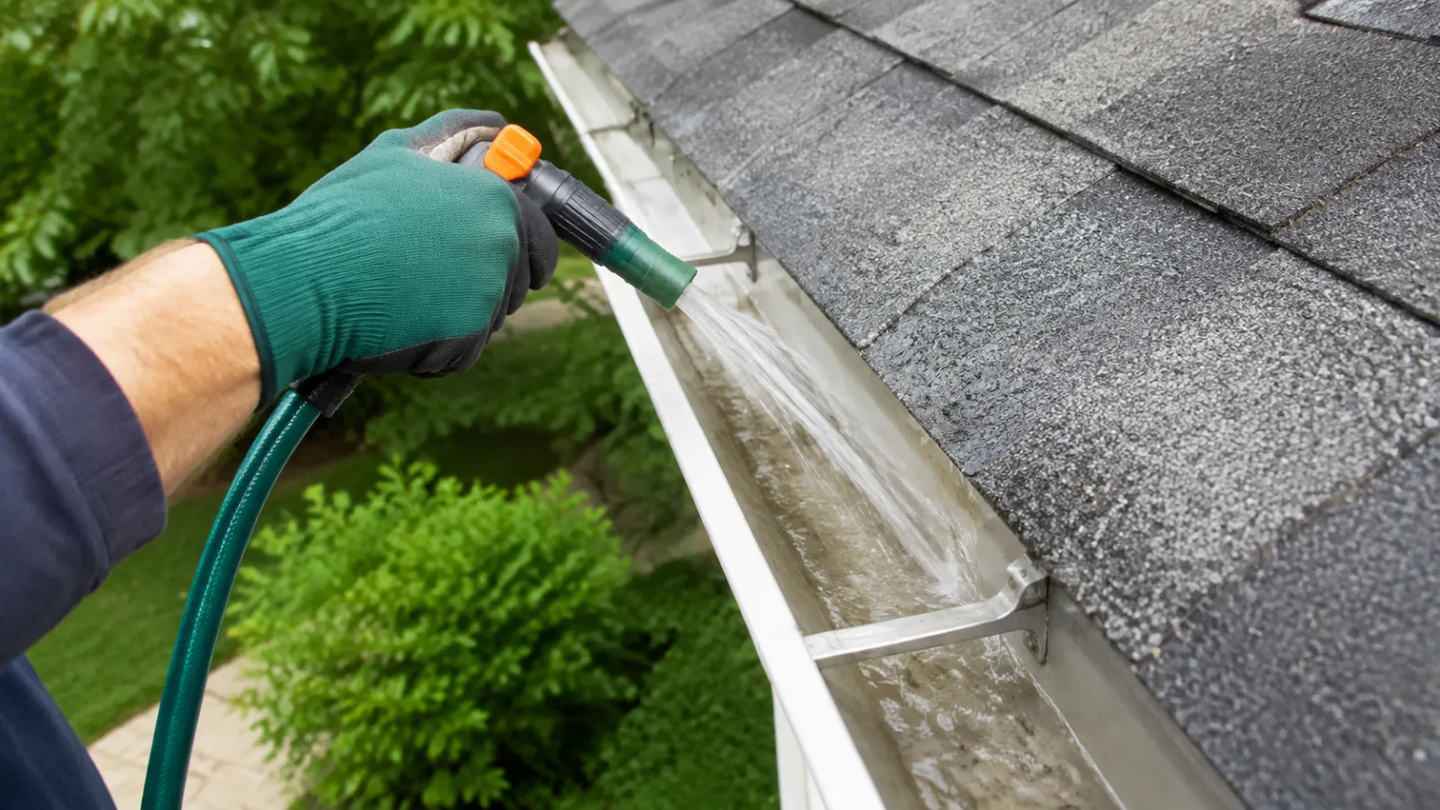Rinsing a gutter run after gutter cleaning in Dutchess County NY