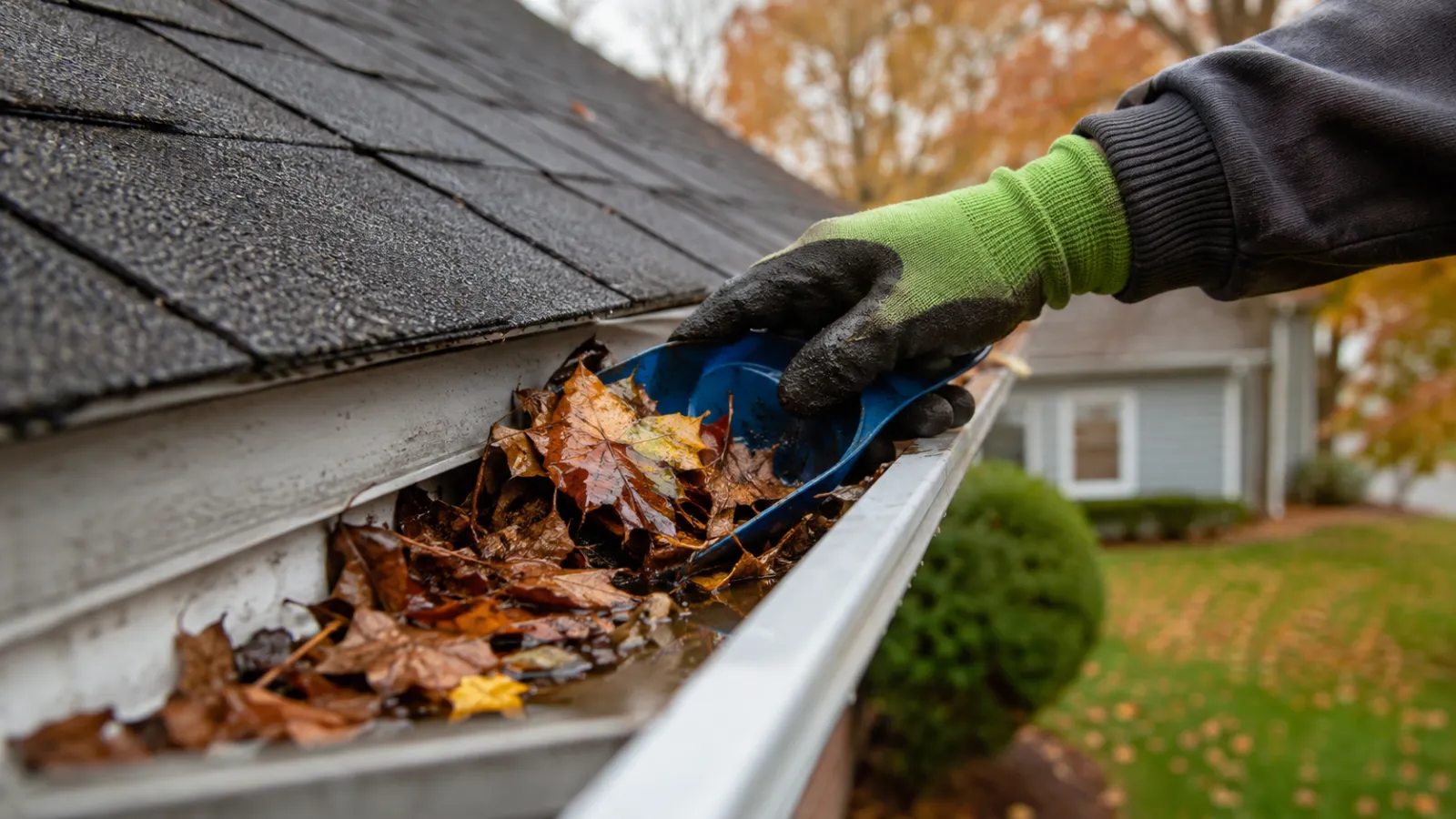 Packed fall leaves being hand-cleared from a residential gutter during gutter cleaning in Poughkeepsie NY
