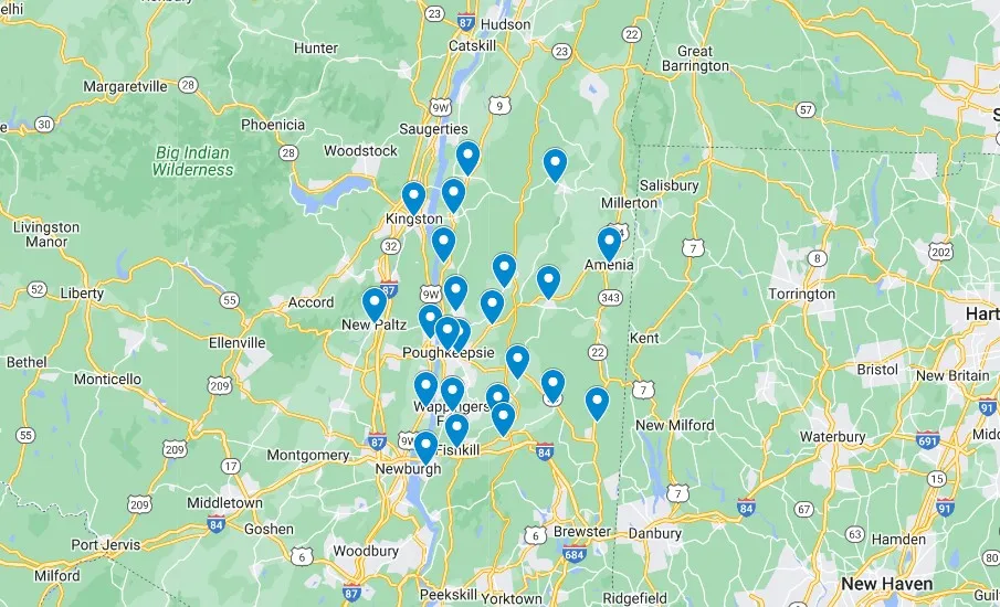 Map showing locations in the Hudson Valley area of New York. The map is marked with blue pins indicating various towns and cities in the region.