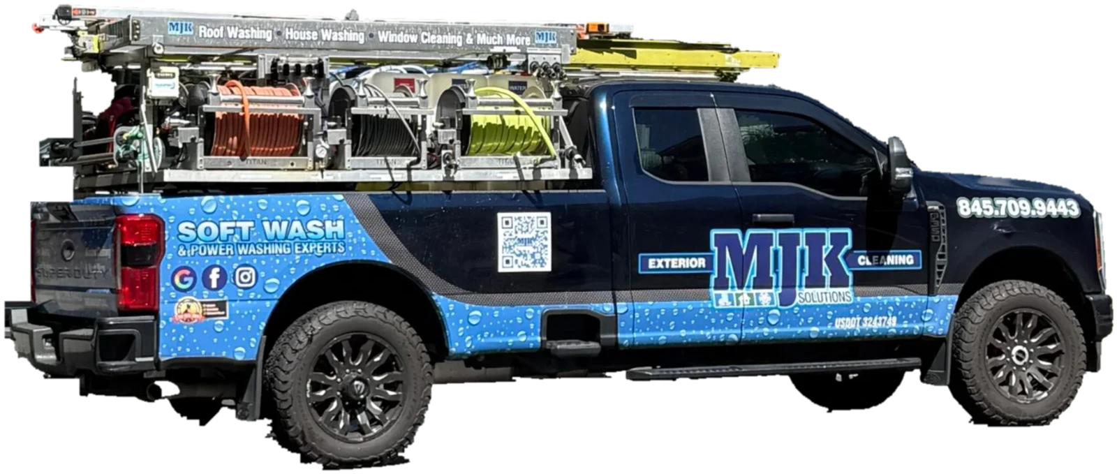 MJK Solutions black soft wash truck with the power washing rig loaded, Poughkeepsie, NY