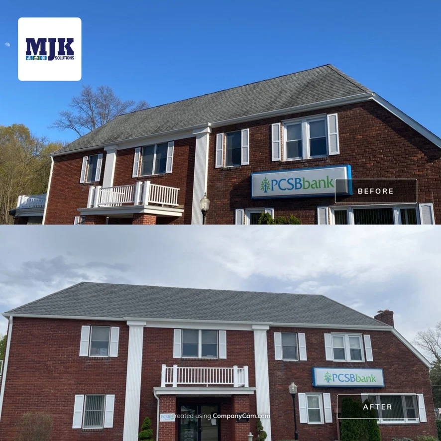 Before and after of a brick PCSB Bank office building after commercial exterior soft washing by MJK Solutions, Hudson Valley NY