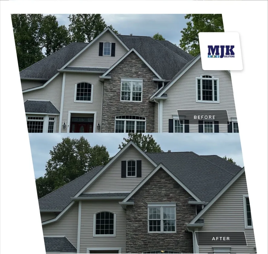 Before and after of a colonial home roof, black streaks removed by a soft wash from MJK Solutions, Dutchess County NY